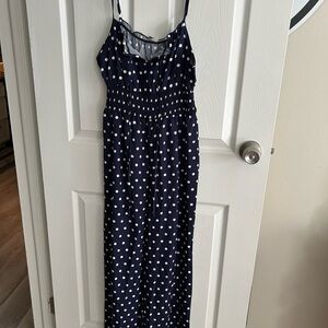 Navy Polka Dot Pant Romper with Spaghetti Straps